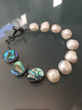 Abalone and White Freshwater Pearl Bracelet - Toggle Clasp Closure - Circle Edition