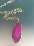 Pink Agate Gemstone Necklace - Long Layering Necklace - Gold Plated