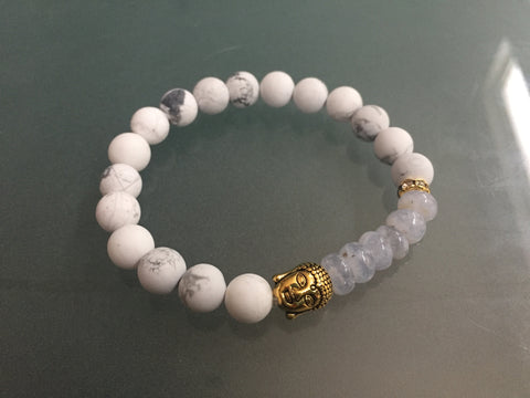 Raw White Howlite Gemstone Statement Bracelet - Aquamarine roundelles and a Gold plated Buddha Spacer