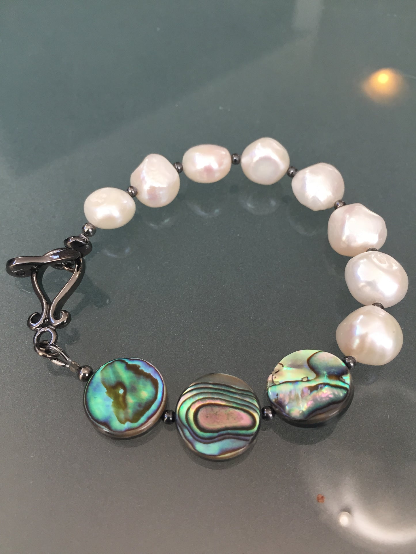 Abalone and White Freshwater Pearl Bracelet - Toggle Clasp Closure - Circle Edition