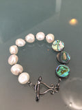 Abalone and White Freshwater Pearl Bracelet - Toggle Clasp Closure - Circle Edition