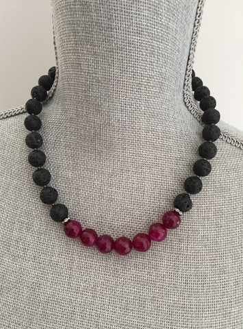 Aliya Necklace -Black Lavastone & Raspberry Agate Gemstone Statement Necklace